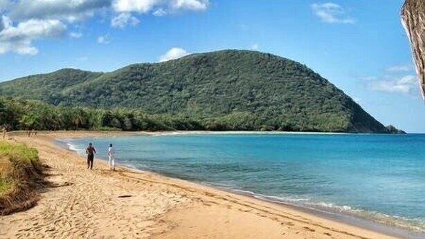 Una playa con una montaña al fondo y un cielo despejado.