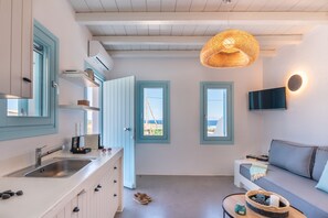 Luxury Villa, 3 Bedrooms, Beach View, Sea Facing (Lyra) | Living area | Plasma TV - Blue Harpist Villas (Naxos)