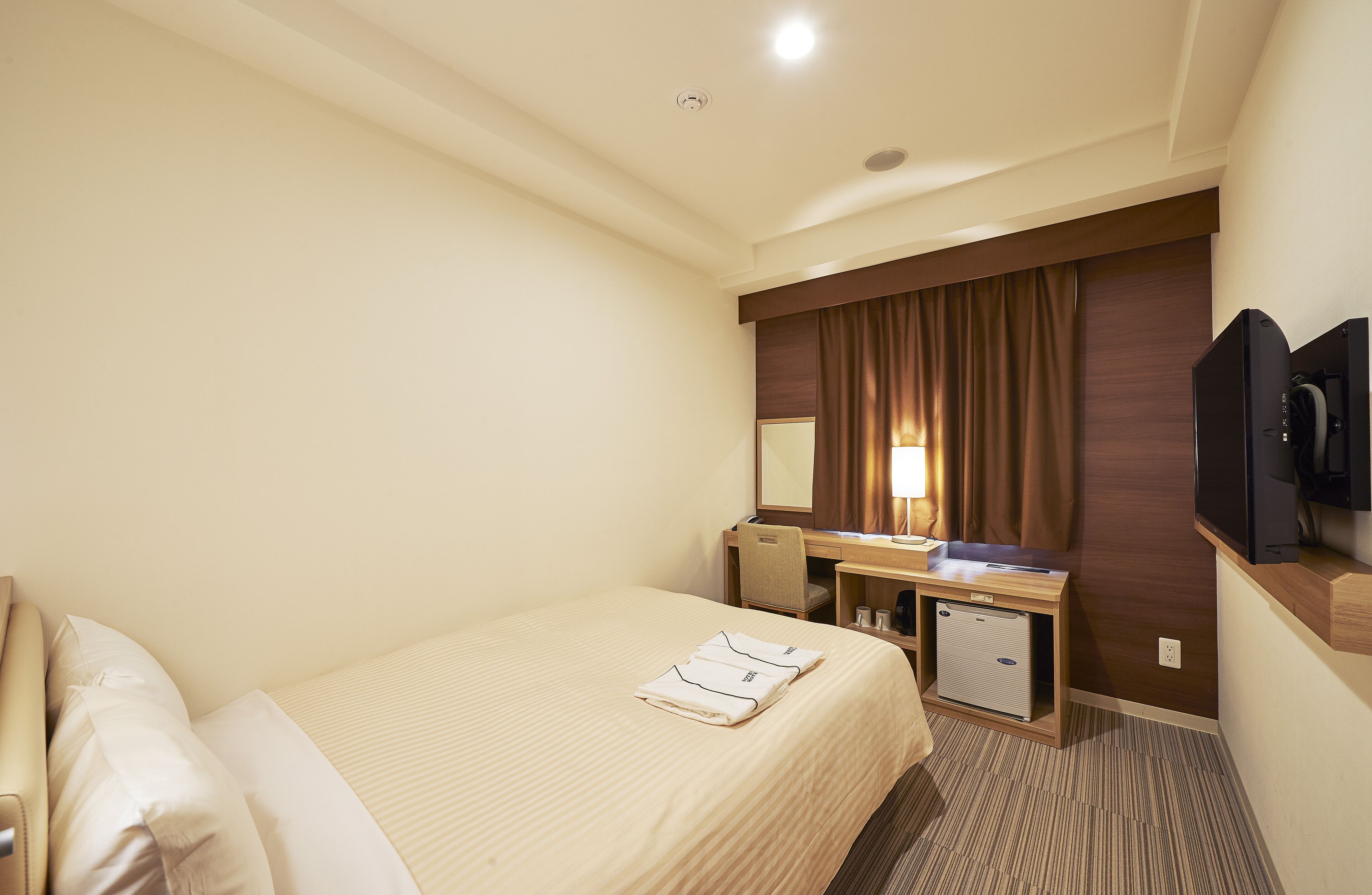 desk, laptop workspace, blackout curtains, iron/ironing board