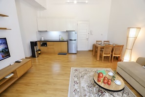 Mini-fridge, microwave, stovetop, electric kettle