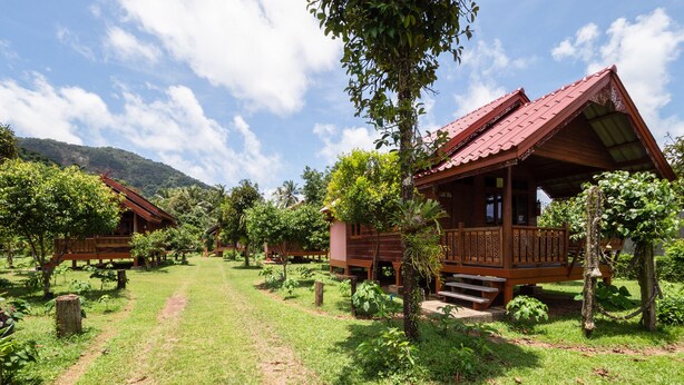 A rustic wooden cabin with a sloped roof, surrounded by lush greenery and a clear sky.