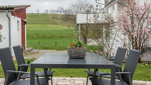 Una mesa de comedor con sillas, una maceta y vistas a un campo verde y edificios.