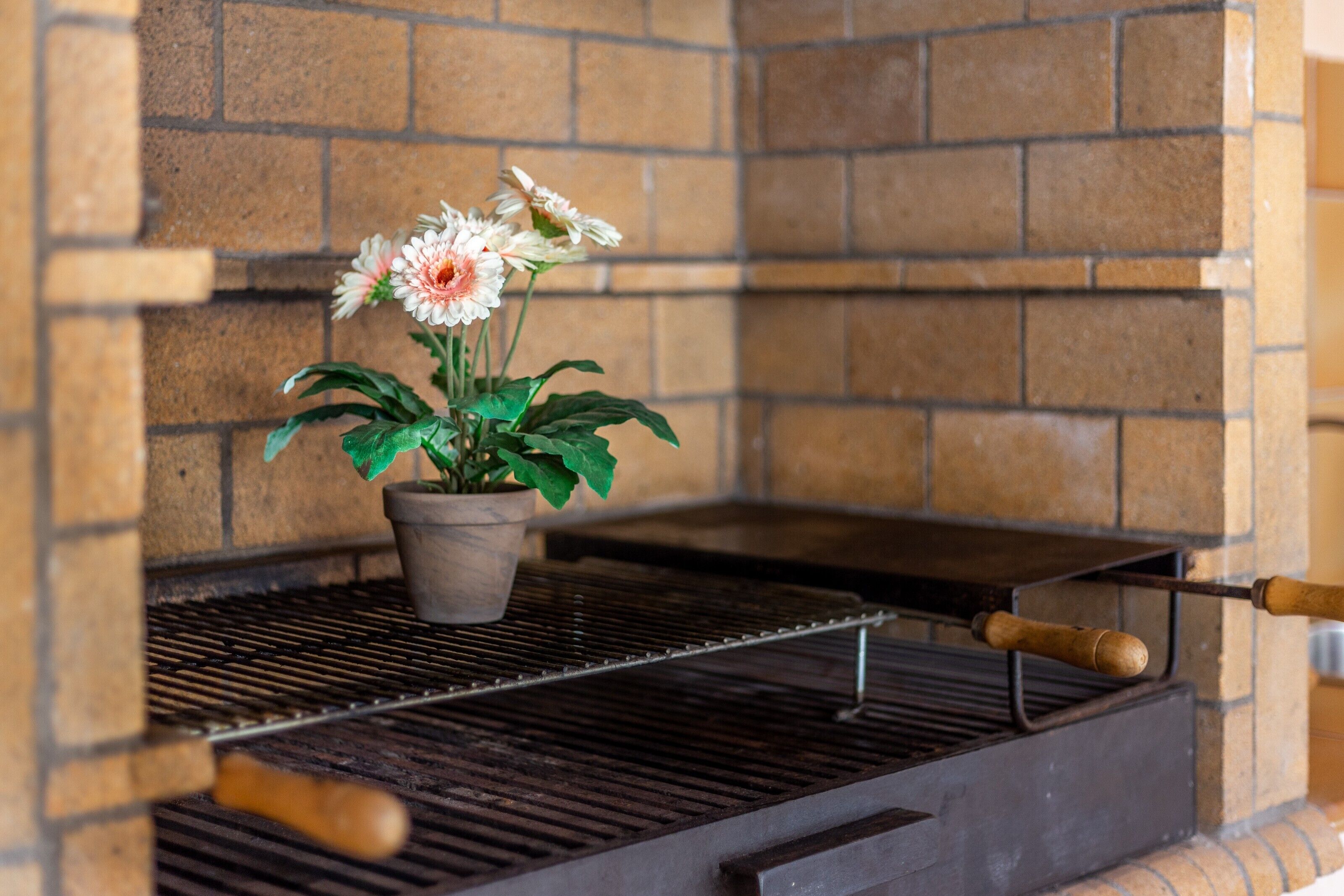 A brick wall with a grill and a potted plant.