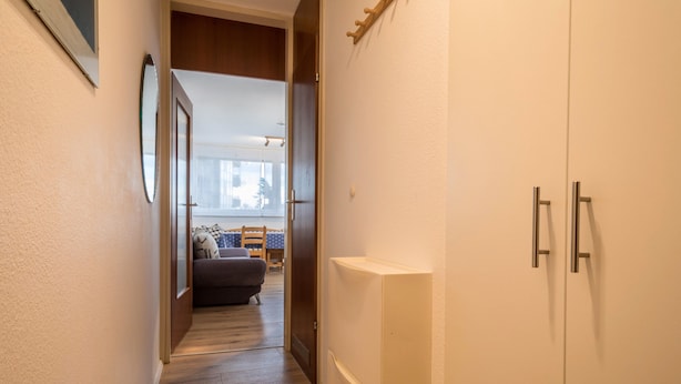 A hallway leading to a living area with a sofa, a door, and a white cabinet. - Apartment “Förster” with Balcony and Wi-Fi (Überlingen)