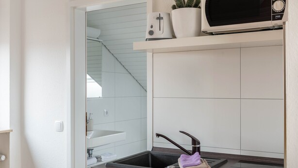 A modern kitchen with a built-in microwave, a sink, and a countertop.