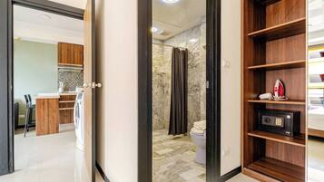 1 Bedroom Building View | Premium bedding, in-room safe, blackout drapes, iron/ironing board