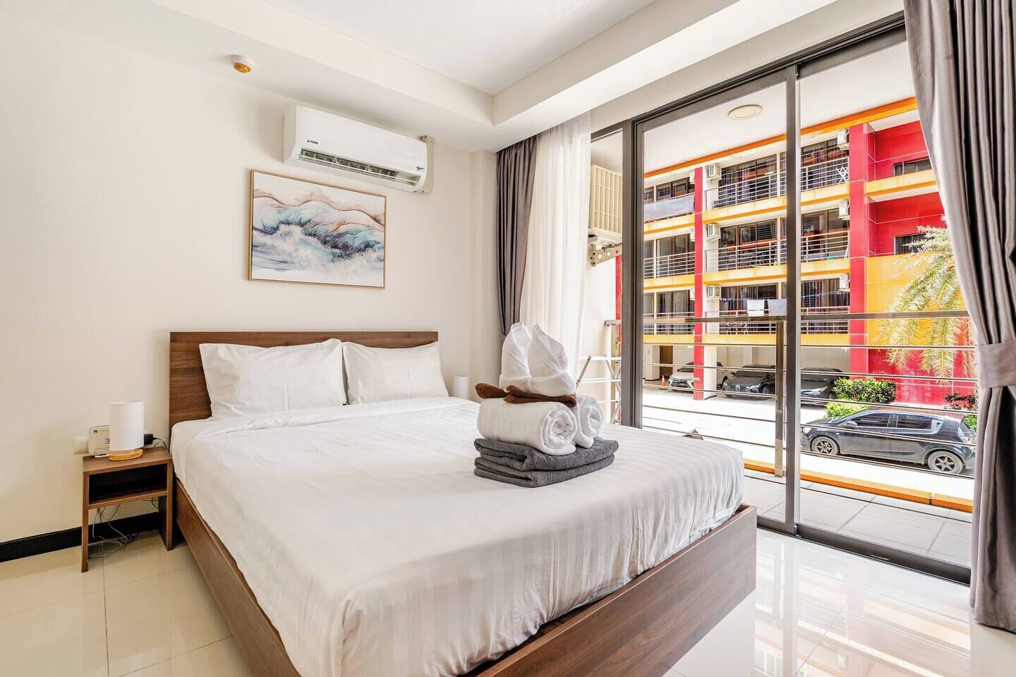 1 Bedroom Building View | Premium bedding, in-room safe, blackout drapes, iron/ironing board