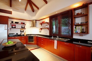 Elite Villa | Private kitchen | Full-sized fridge, microwave, oven, stovetop