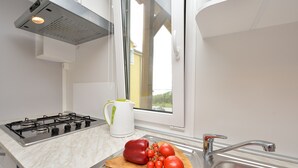 Une cuisine moderne équipée d’une cuisinière à gaz, d’un évier et d’une fenêtre donnant sur un beau paysage.