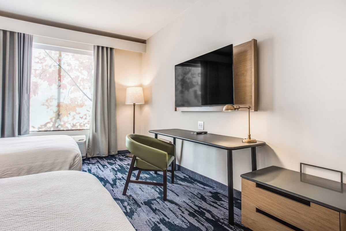 room, 2 queen beds | desk, bed sheets