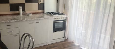 Frigorífico, microondas, horno y placa de cocina