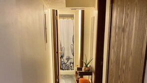 Un corridoio stretto con una porta in legno sulla destra, una piccola mensola con asciugamani arancioni e una pianta.