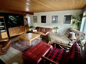 Televisión, chimenea y estéreo 