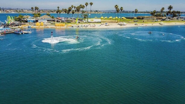 Zona costera con puerto deportivo, playa y palmeras.