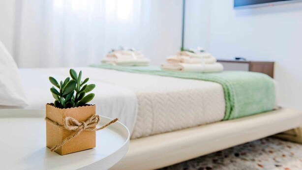 A neatly made bed with a green blanket, a small potted plant, and a tray with food items. - Rosa Fresca Aulentissima (Alcamo)