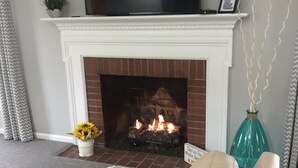 A living room with a fireplace, a television mounted above it, a sofa with a throw blanket, and a vase with a plant. - HOT TUB Columbus Indiana  (Columbus)