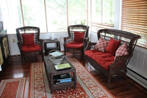TV, fireplace, books