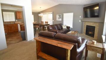 TV connectée, cheminée, lecteur de DVD, livres