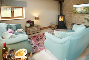 TV, fireplace - The Stone Barn is a romantic and restorative barn conversion for adults (Downton-on-the-Rock)
