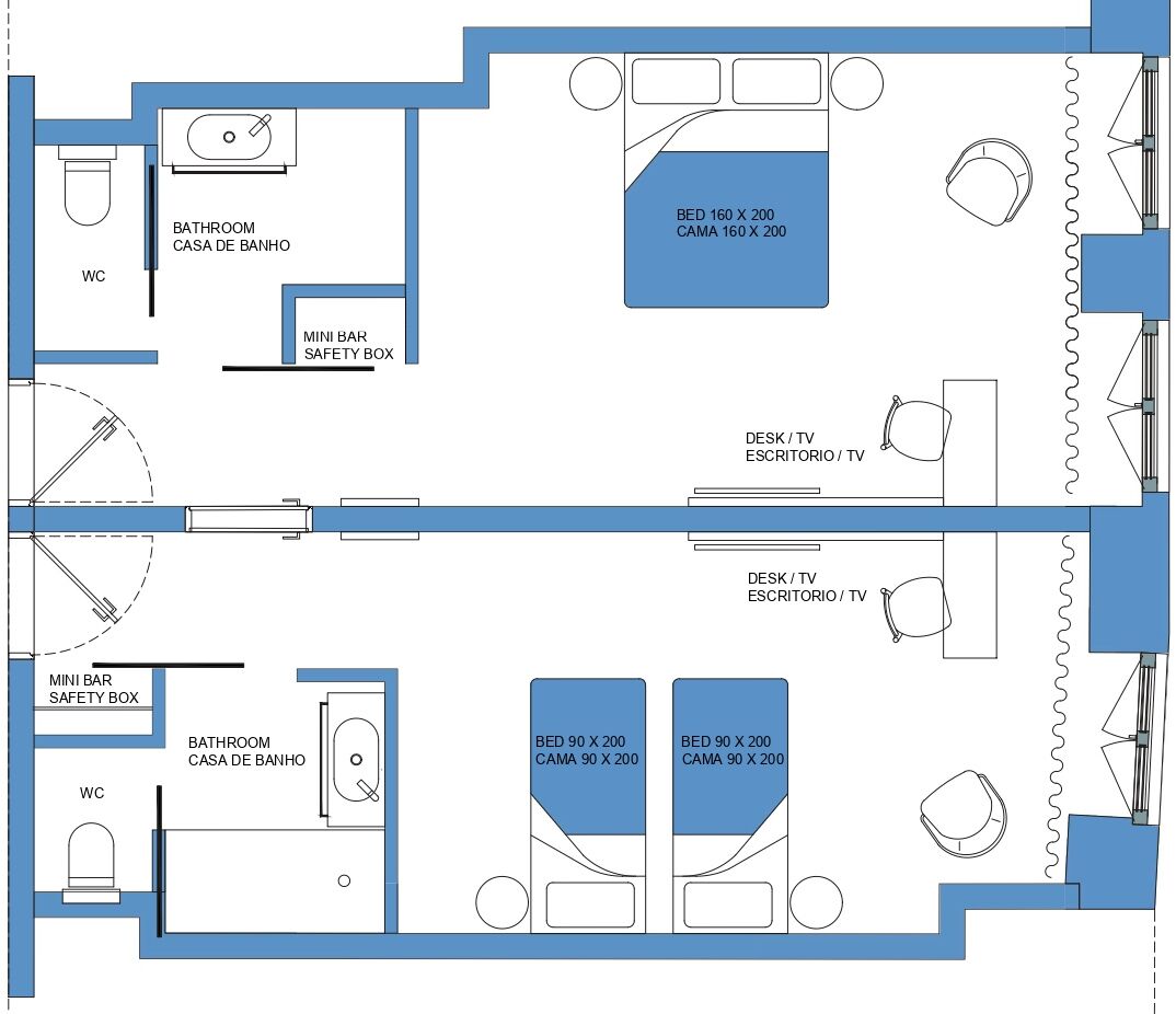 classic twin room, multiple beds, connecting rooms | floor plan