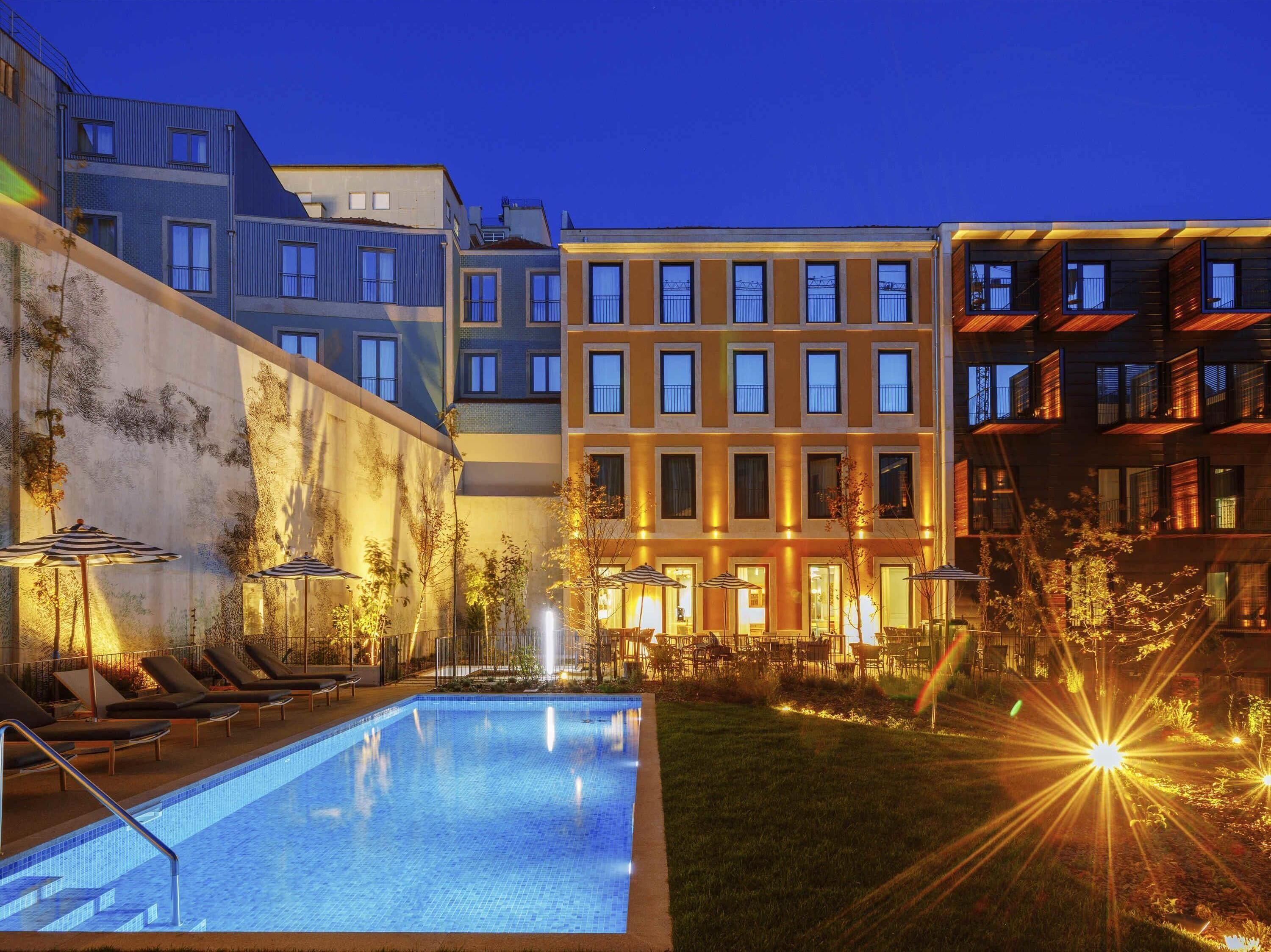 Outdoor pool, pool umbrellas, pool loungers
