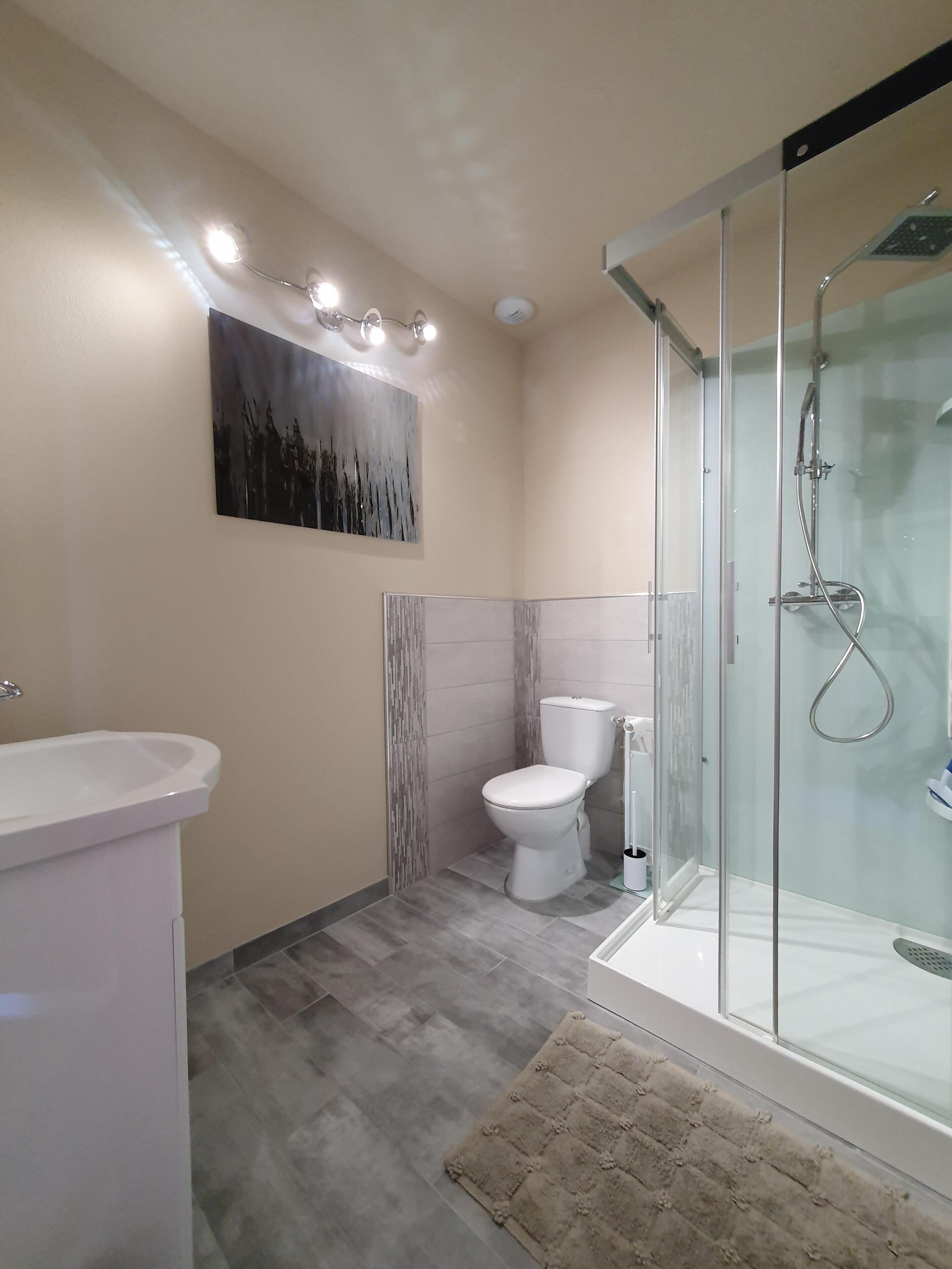 Un baño moderno con ducha acristalada, inodoro blanco y lavabo.