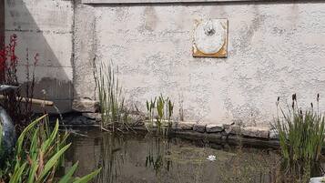 A stone wall with a small pond, surrounded by plants and a stone border.