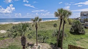 A beachfront property with a view of the ocean, palm trees, and a building with a sloped roof.