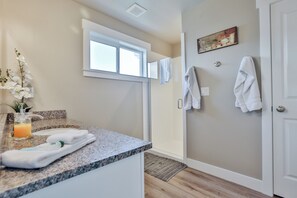 Shower, hair dryer, towels