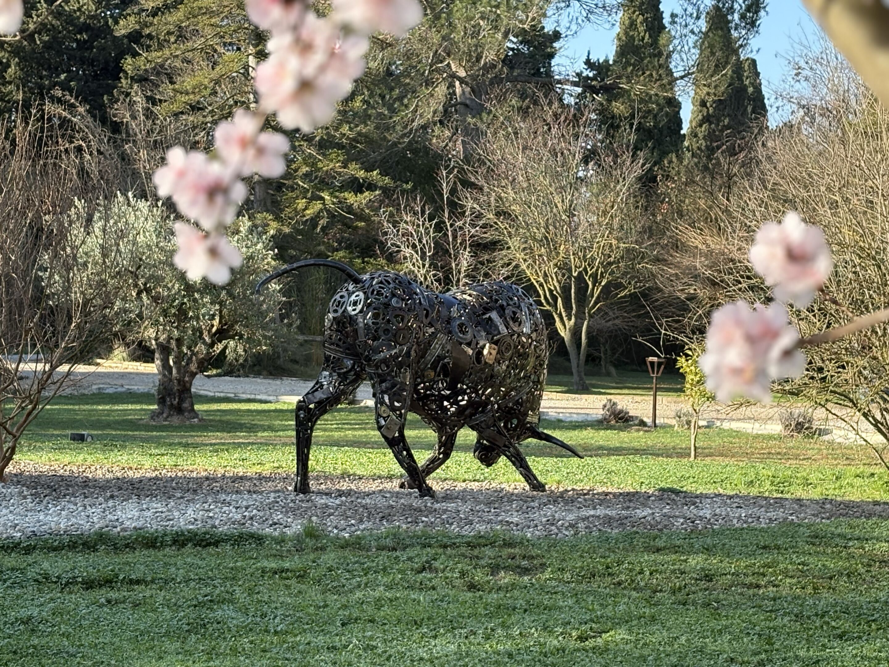 A metal sculpture of a bull in a park with trees and grass.