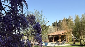 A garden with a pergola, a pool, and a seating area. - Mas D'auseu (Plan-d'Orgon)