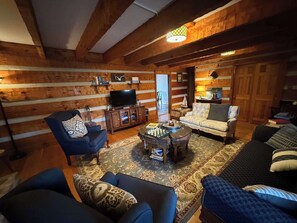 TV, fireplace, books, offices