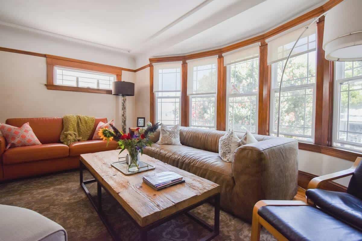 TV, fireplace, books, offices