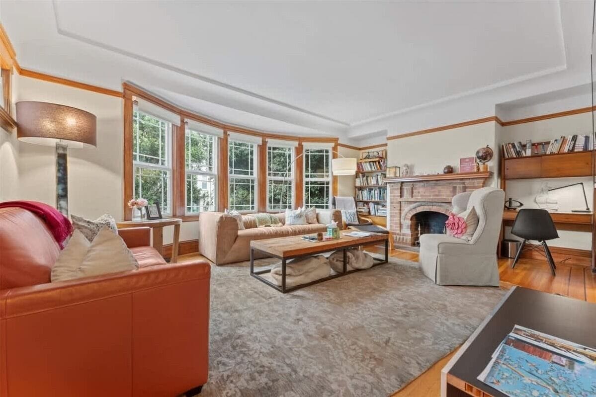 TV, fireplace, books, offices