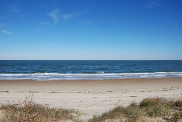 A beach with clear skies and calm waves.