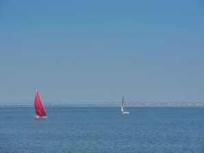 Una masa de agua tranquila con dos veleros, uno con vela roja y otro con vela blanca, bajo un cielo azul despejado.