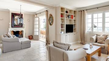 Télévision, cheminée, lecteur de DVD