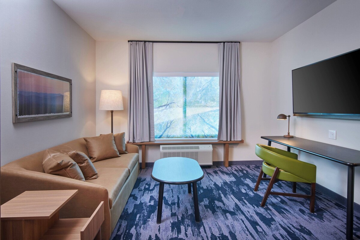 A hotel room with a sofa, a small table, a chair, a TV, a window with curtains, and a wall-mounted picture.