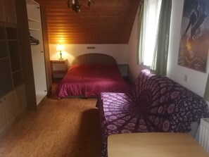 Cozy bedroom with a bed, sofa, and storage options.