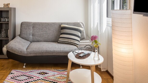 Un salon moderne avec un canapé gris, une petite table blanche sur laquelle se trouve un panier, un tapis à motifs et une fenêtre avec des stores.