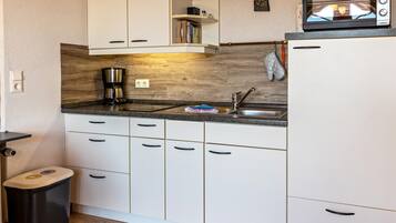 Kühlschrank, Ofen, Herdplatte, Wasserkocher mit Kaffee-/Teezubehör