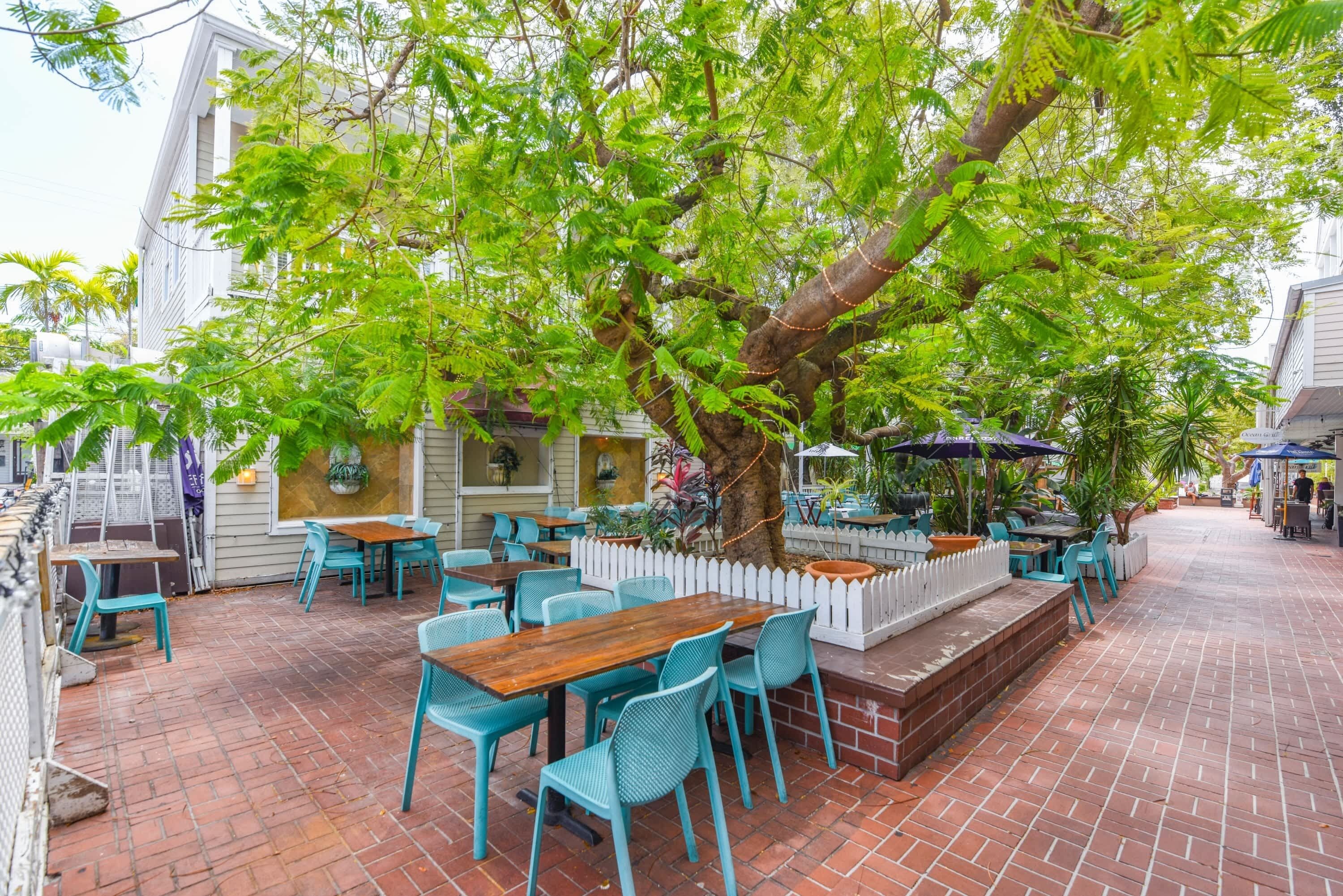 An outdoor cafe with tables and chairs, a tree, and a white picket fence.