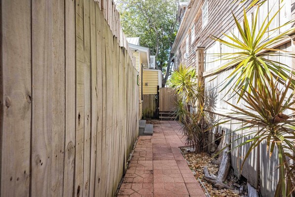 A narrow pathway flanked by wooden fences and a small garden with a yucca plant.