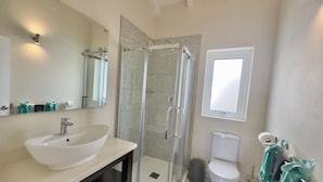 A modern bathroom with a large sink, a glass-enclosed shower, a toilet, and a mirror. - One Bedroom Apartment within walking distance of English Harbour (English Harbour)