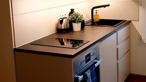 Une cuisine moderne dotée d’un four encastré, d’un évier et d’un plan de travail.