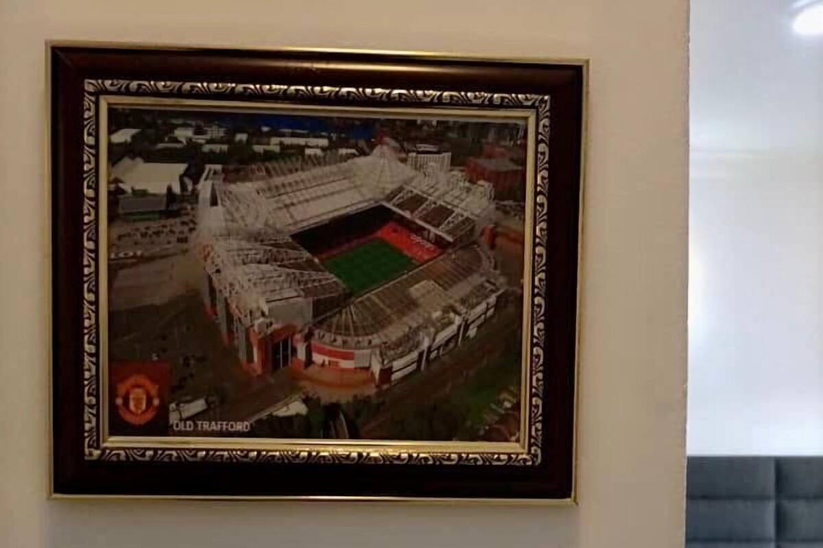 A framed photograph of a stadium on a wall.