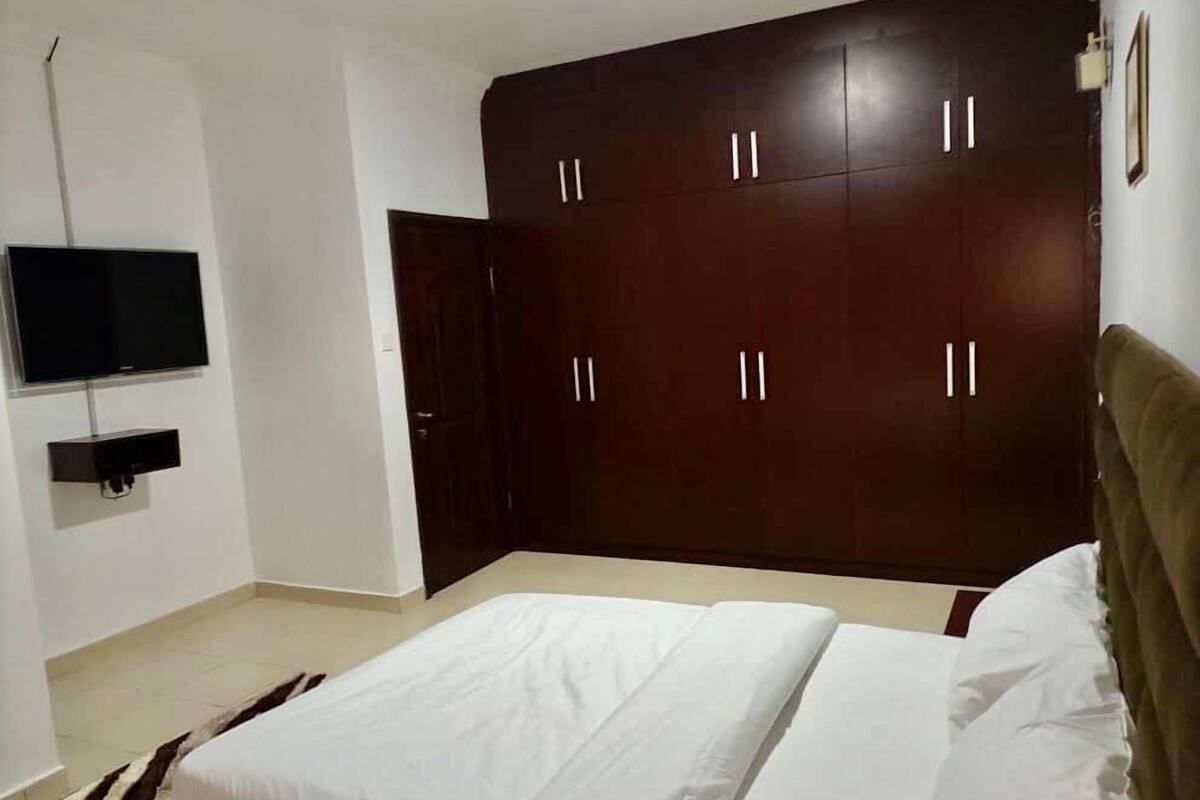 A bedroom with a bed, a wardrobe, a TV, and a door.