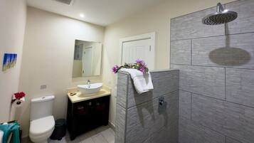 Douche, sĂšche-cheveux, serviettes fournies, savon