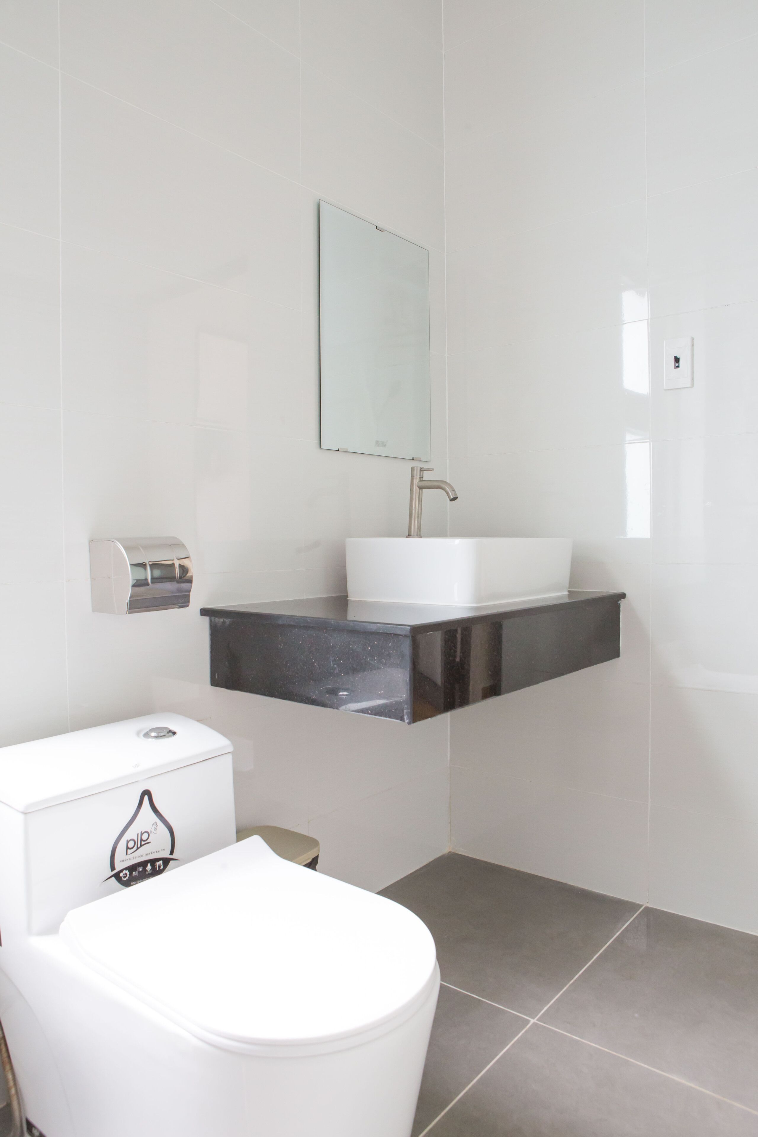 A modern bathroom with a white toilet, a stainless steel sink, and a mirror above it.