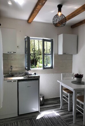Fridge, dishwasher, coffee/tea maker, cookware/dishes/utensils